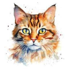 Serene Watercolor Cat Pose with White Background