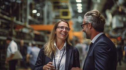 site factory meeting businessman and engineer casual conversation while visiting industrial factory warehouse casual talk and discuss joyful happiness agreement and business manage dealing,ai generate
