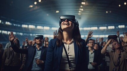 Vr experience senior business manager woman attend meeting wearing vr virtual goggle glasses standing in autitorium convention hall with crowd of business people background,ai generate