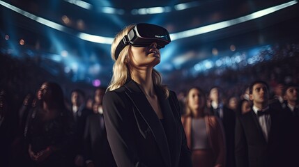Vr experience senior business manager woman attend meeting wearing vr virtual goggle glasses standing in autitorium convention hall with crowd of business people background,ai generate