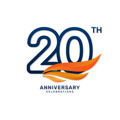 20th anniversary logo in a simple and luxurious style with blue numbers and orange wings, vector template