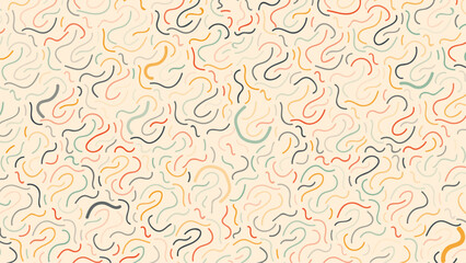 Memphis wallpaper with abstract shapes - squiggly yellow green red blue lines. Seamless pattern. Vector illustration.