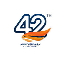 42th anniversary logo in a simple and luxurious style with blue numbers and orange wings, vector template