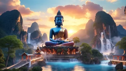Fototapeten Evening light, a striking Big Blue Buddha statue stands majestically amidst the picturesque landscape of cascading waterfalls and towering mountains, creating a surreal and peaceful ambiance. © DSM