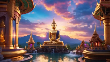 Zelfklevend Fotobehang Serene evening light, the Big Buddha statue stands majestically amidst the waterfalls, and mountains, creating a captivating sight that soothes the soul. © DSM