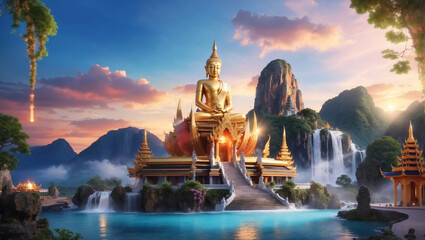 Big Buddha statue gracefully amidst the breathtaking nature of waterfalls and majestic mountains, casting a serene aura in the evening light.
