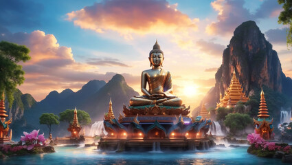 Big Buddha statue stands tall amidst the picturesque landscape of cascading waterfalls and mountains, creating a stunning scene as the evening light casts a warm glow over the surroundings.