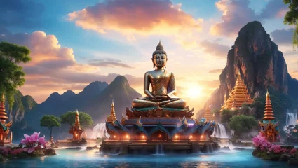Foto op Canvas Big Buddha statue stands tall amidst the picturesque landscape of cascading waterfalls and mountains, creating a stunning scene as the evening light casts a warm glow over the surroundings. © DSM