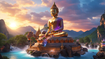 Big Buddha statue stands tall against the backdrop of cascading waterfalls and verdant mountains, creating a mesmerizing scene in the evening light.