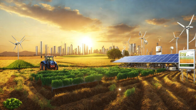 Evening view of the farmland reveals a captivating scene with tractors, wind turbines, and solar cells collecting the last rays of the sun, all contributing to a sustainable future.