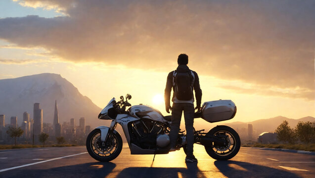 Man stands confidently beside his motorcycle, overlooking the captivating cityscape and majestic mountains