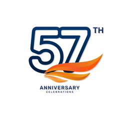 57th anniversary logo in a simple and luxurious style with blue numbers and orange wings, vector template