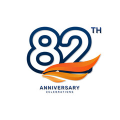 82th anniversary logo in a simple and luxurious style with blue numbers and orange wings, vector template