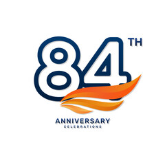 84th anniversary logo in a simple and luxurious style with blue numbers and orange wings, vector template