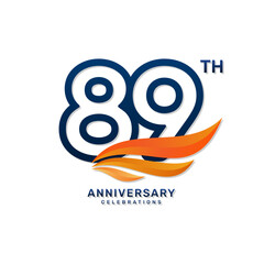 89th anniversary logo in a simple and luxurious style with blue numbers and orange wings, vector template