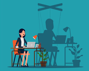 Businesswoman his shadow as puppet, Person at office desk concept