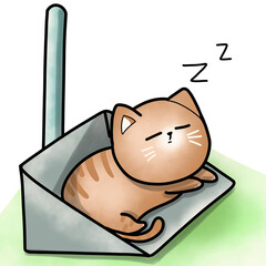 Cat cartoon sleeping on the dustpan