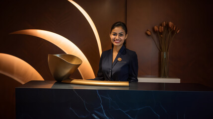 A friendly woman concierge or receptionist standing and smiling at a desk at a hotel in hotel uniform. Knowledgeable and professional assistance. - obrazy, fototapety, plakaty