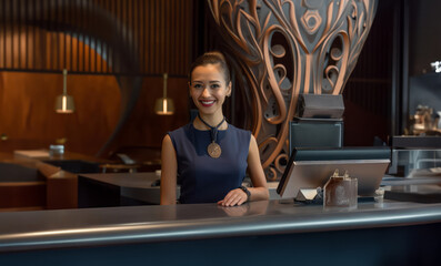 A friendly woman concierge or receptionist standing and smiling at a desk at a 5 star hotel in hotel uniform. Knowledgeable and professional assistance. - obrazy, fototapety, plakaty