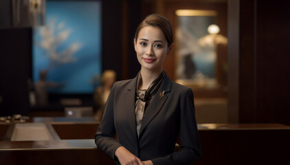 A friendly woman concierge or receptionist standing and smiling in front of a desk at a five star luxury hotel in hotel uniform. Knowledgeable and professional assistance.
