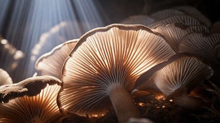 Highly detailed close-up showcasing the gills of a mushroom under natural lighting. Generative AI