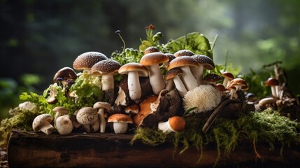 A variety of freshly foraged mushrooms, sorted and laid out on a mossy log under soft natural light. Generative AI