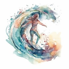 watercolor of a person surfing the waves