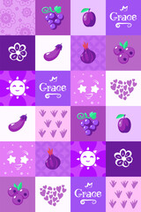 Naklejka na ściany i meble Vector purple fruit and vegetable pattern
