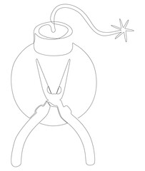 One continuous line of Bomb with Pliers. Thin Line Illustration vector concept. Contour Drawing Creative ideas.