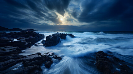 Obraz premium The surreal beauty of a seascape during night, the motion of waves crashing against the shore