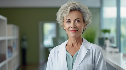 Portrait cute smiling senior woman doctor wearing white lab coat standing in hospital and looking at camera, copy space. Healthcare and medicine banner