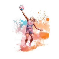 watercolor of a beach volleyball player jumping to spike the ball