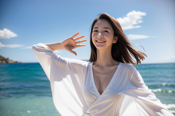 Fototapeta na wymiar 青空をバックに健康的に微笑む白い服の若い日本人女性 AI Generated