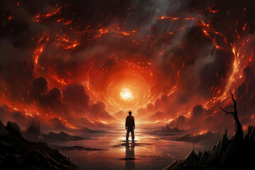 Death and hell, back view of a sinner man standing against the backdrop of fiery tornado skies and a scorched black dead desert