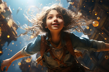 Surprised little child girl flying in the city, fairy tale. Childish fantasy, dream concept - obrazy, fototapety, plakaty