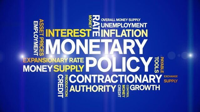 Monetary Policy animated tag word cloud;text design animation kinetic typography seamless loop.