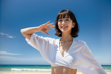 Fototapeta na wymiar 青空をバックに健康的に微笑む白い服の若い日本人女性 AI Generated