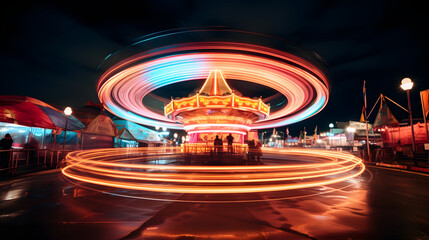 The mesmerizing light trails of a spinning carnival ride against the backdrop of a bustling fairground