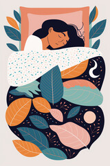 Generative AI. Sweet dreams banner. Happy young woman is fast asleep, having a good dream. Girl is lying in the bed under soft duvet and healthy sleeping. Sleep tight, sweet dreams concept.