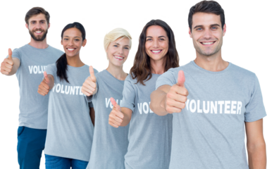 Digital png photo of happy diverse volunteers with thumbs up on transparent background