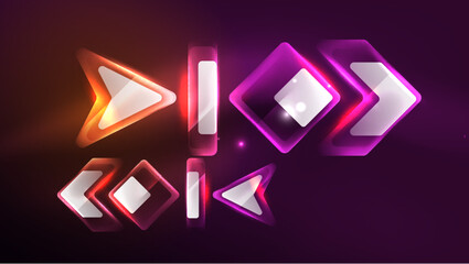 Abstract background landing page, glass geometric shapes with glowing neon light reflections, energy effect concept on glossy forms