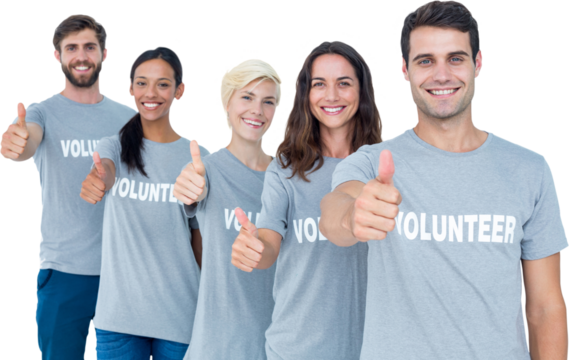 Digital png photo of happy diverse volunteers with thumbs up on transparent background