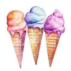 watercolor of A colorful different flavors of ice cream scoops