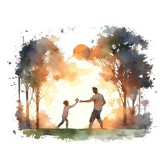 watercolor of a father and child playing catch in a park