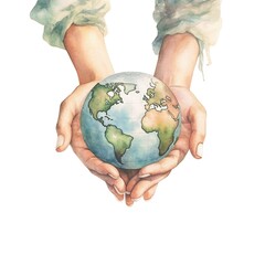 watercolor of A pair of child's hands holding a globe