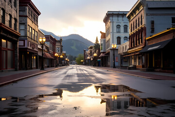 Obraz premium A charming downtown area showing wet pavement and the dawn hour; generative AI illustration