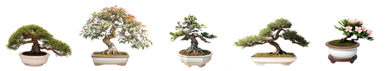 5 kinds of Elegant Bonsai Tree in white ceramic pots isolated on transparent background. 3D rendering.