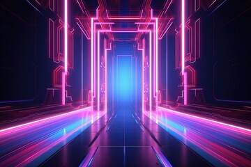 Fototapeta premium abstract futuristic geometric tunnel portal with pink blue glowing neon moving high speed wave lines and bokeh lights. Data transfer concept Fantastic wallpaper