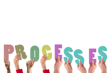 Digital png illustration of hands with processes text on transparent background