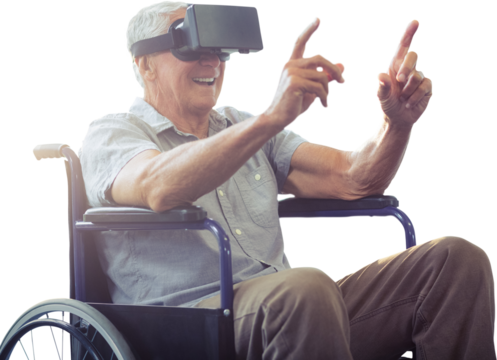 Digital png photo of caucasian man in wheelchair with vr headset on transparent background - Powered by Adobe
